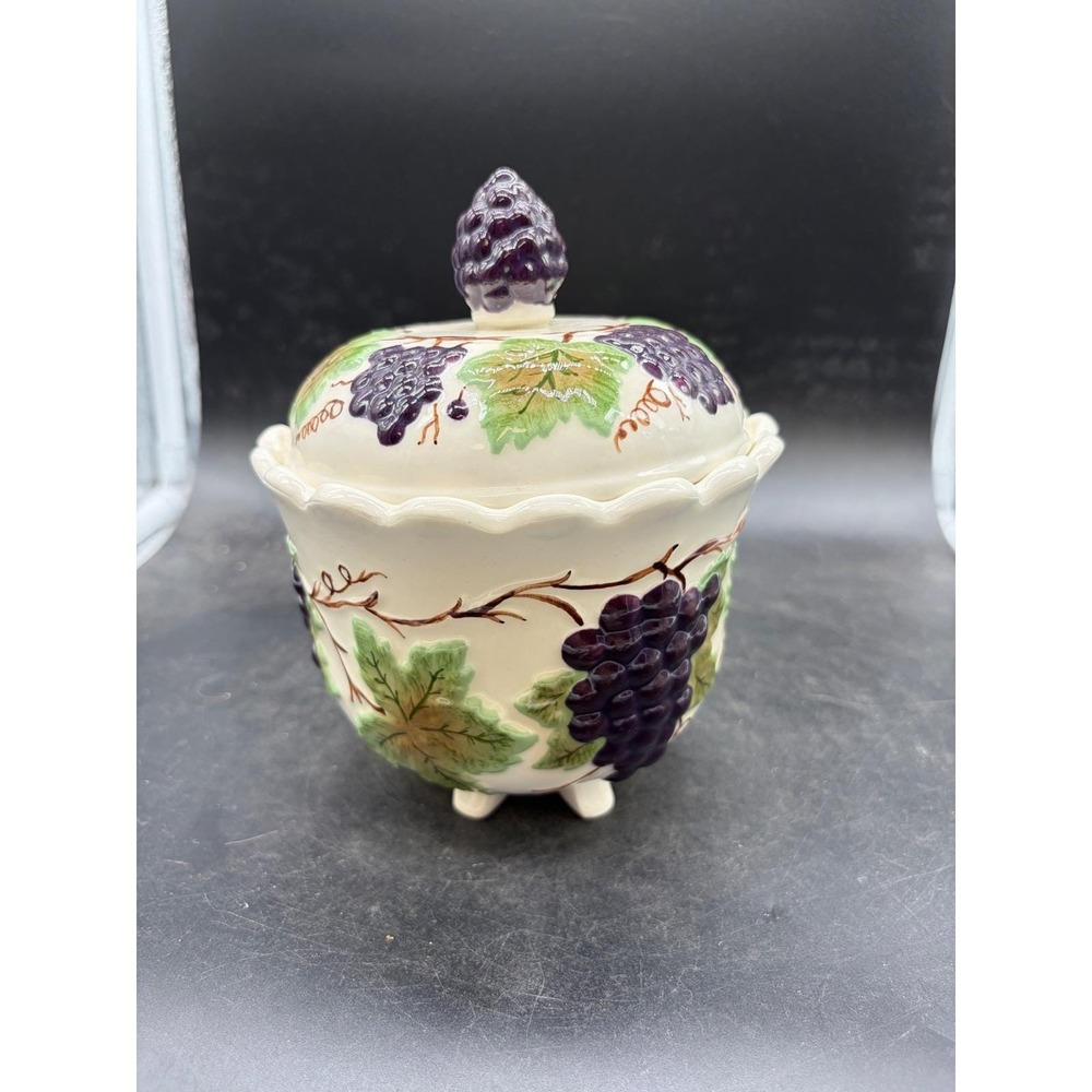 Vntg Ceramic Grape Sugar Bowl with Lid Footed Jam Jar Purple Green‎ Hand Painted